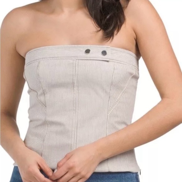 ZARA~‎ Women’s Pinstriped Edgy Corset Tube Top Tan and White Striped Size XXL - Picture 1 of 10